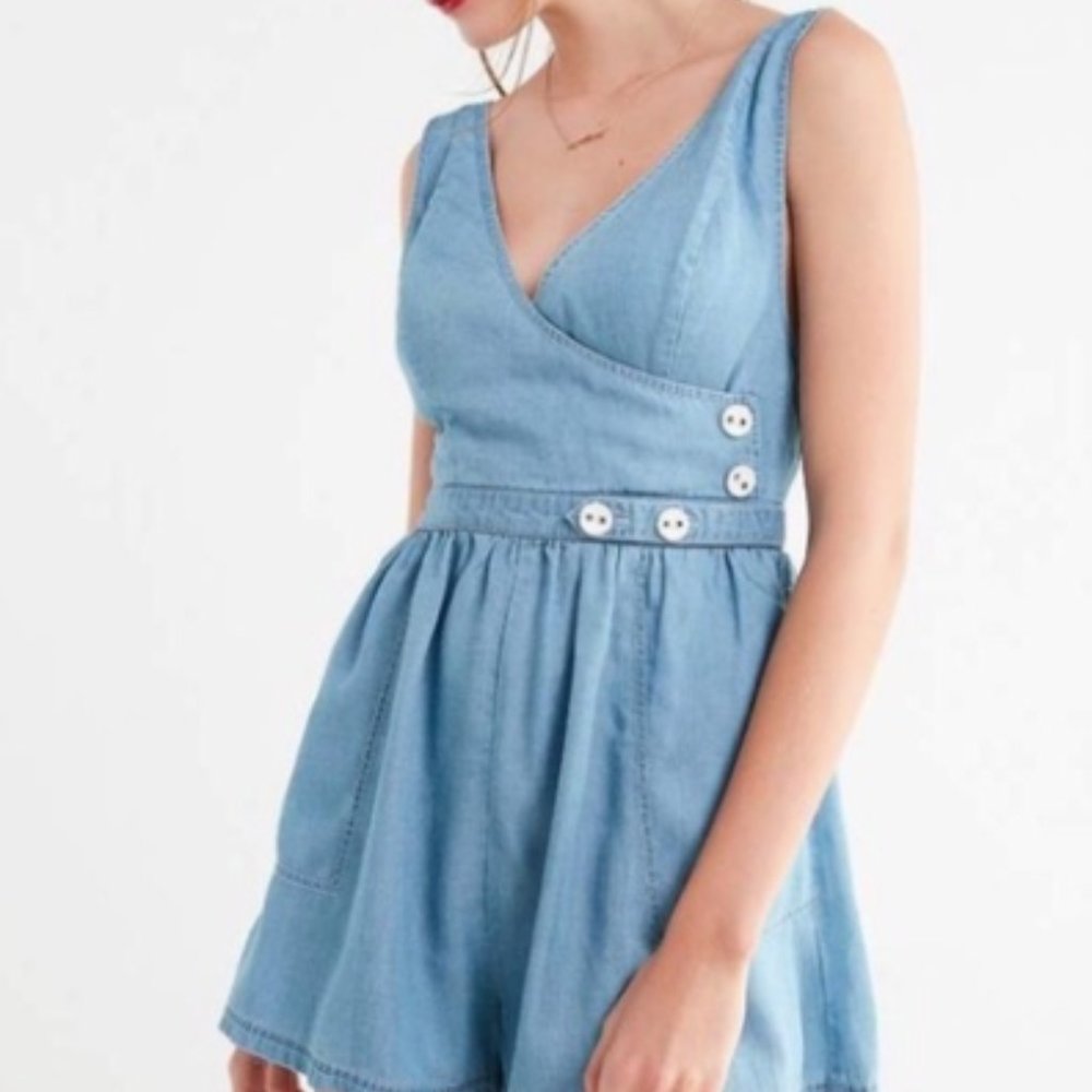UO Anita Button Wrap Chambray Romper